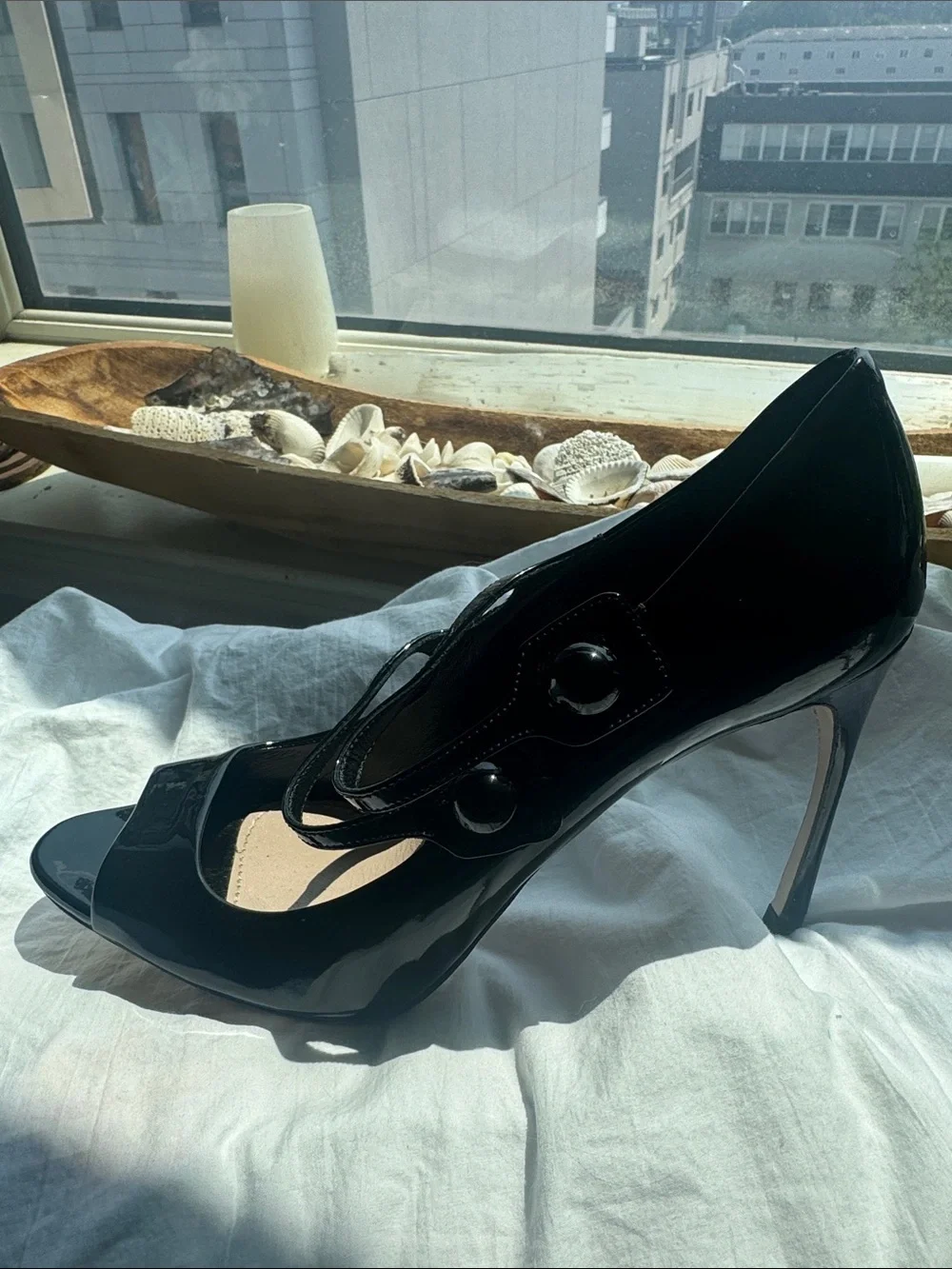 Miu Miu Black Patent Leather Mary Jane Peep-Toe Heels with Double Straps
